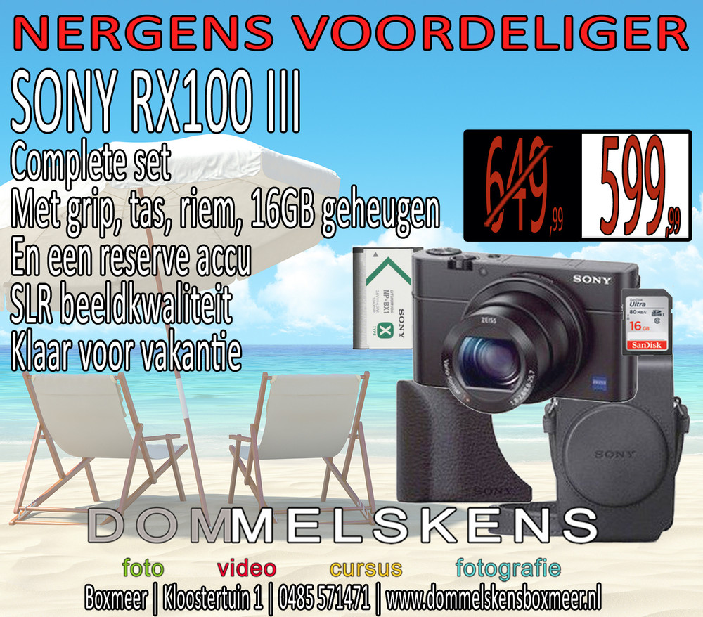 RX100 III Complete set met grip, tas, riem, geheugen en reserve accu